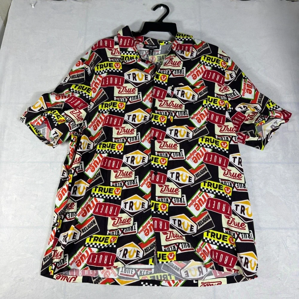 NWT True Religion Mens Button Up Camp Shirt Black All-Over Print Short Sleeve XL